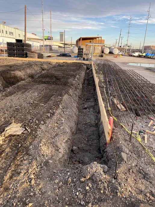 Excavation and reinforcement at an industrial construction site