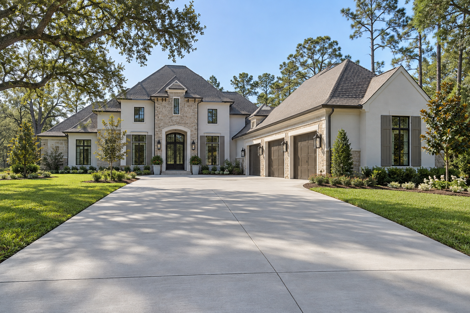 Concrete driveway leading to a Louisiana home
