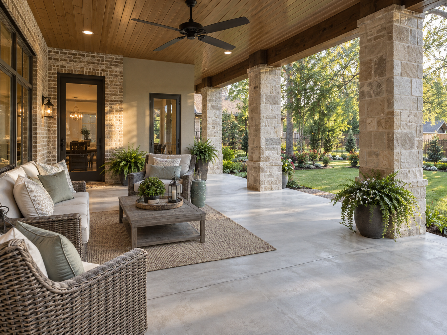 Covered concrete patio with outdoor seating