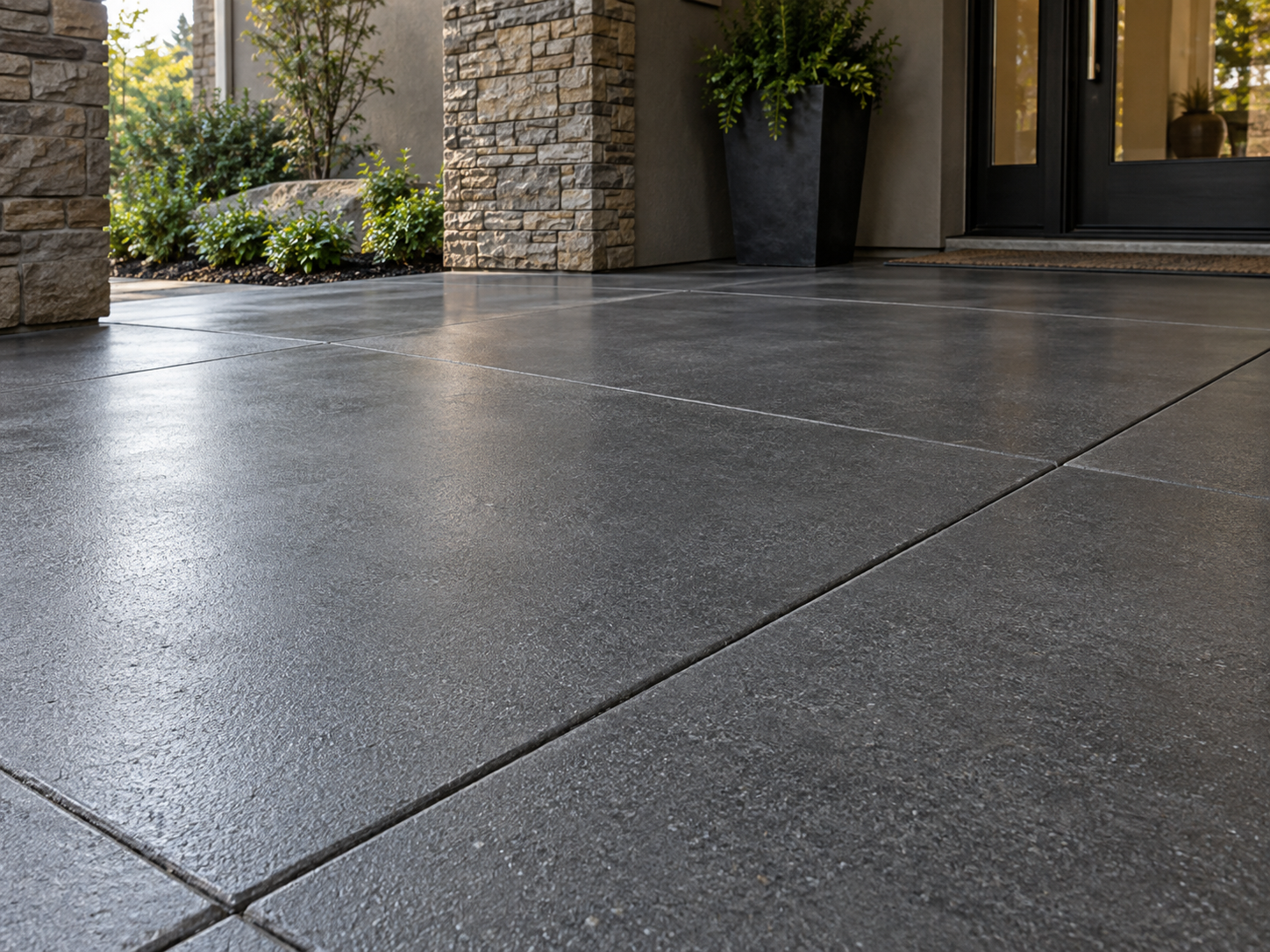 Newly resurfaced charcoal concrete entry